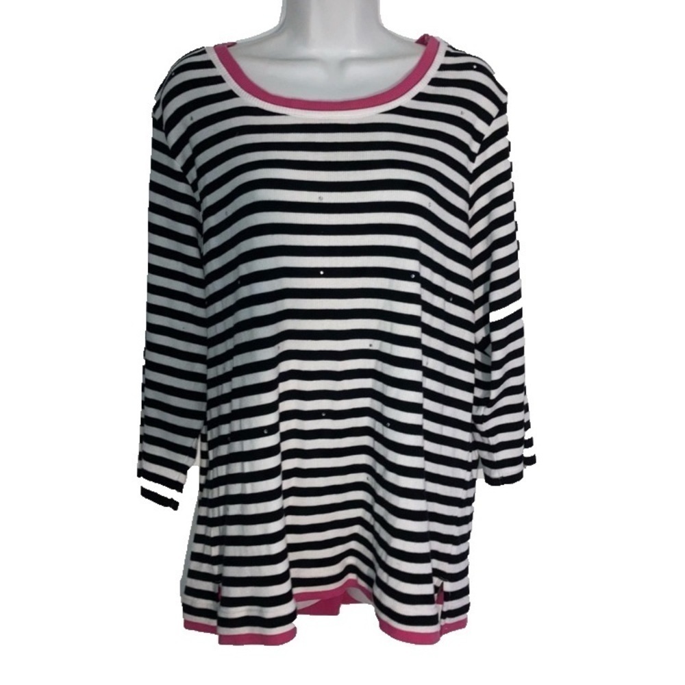 Quacker wRibbed Black White Stripe Top w/ Crystal Embellishments 1X Pink*